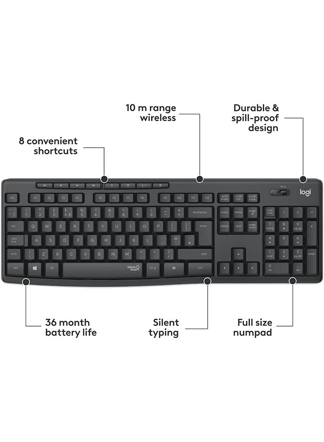 MK295 Silent Wireless Mouse & Keyboard Combo with SilentTouch Technology, Full Numpad, Advanced Optical Tracking, Lag-Free Wireless, 90% Less Noise, EN Keyboard - Graphite