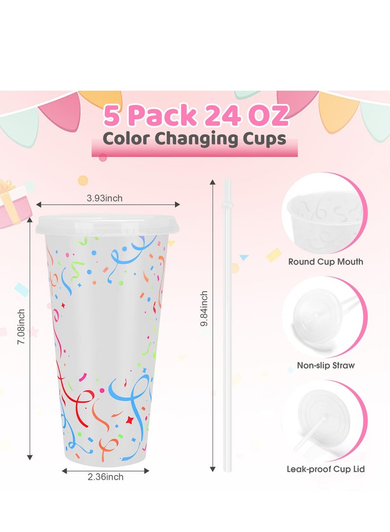 Color Changing Cold Cups with Lids and Straws 5 Pack 24 oz Plastic Tumblers Reusable Water Drinking Bottles for Parties Birthdays Travel and Home Activities