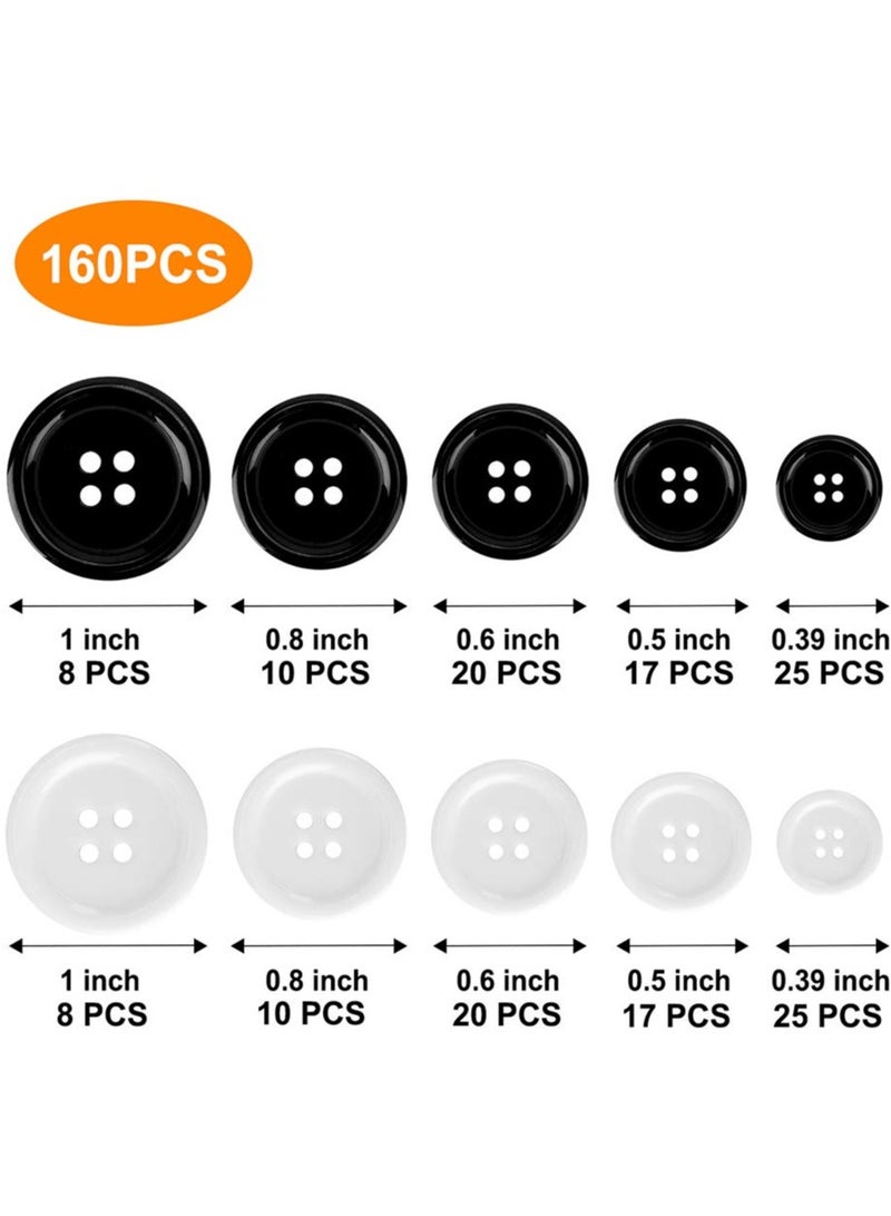 Mixed Sewing Buttons 160Pcs Round Black 4-Hole Craft Buttons 5 Sizes White Resin Button with Separate Compartment Storage Box Suitable for Sewing DIY Craft Projects