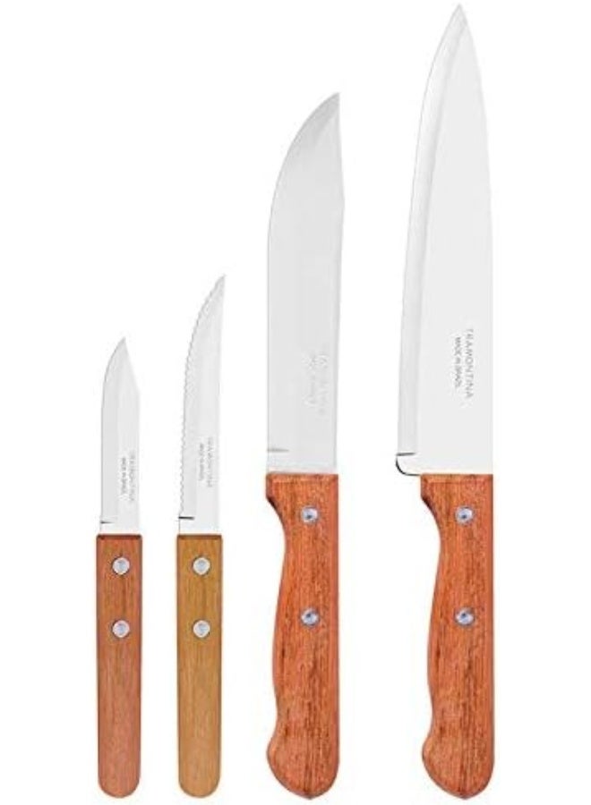 Tramontina Dynamic 4 Pieces Knife Set With Stainless Steel Blade And Natural Wood Handle