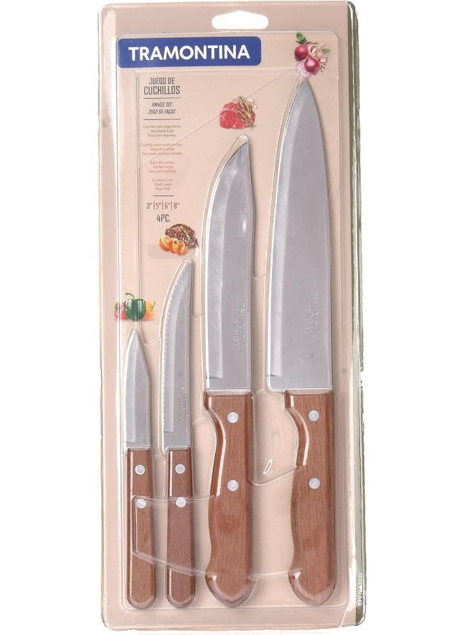 Tramontina Dynamic 4 Pieces Knife Set With Stainless Steel Blade And Natural Wood Handle