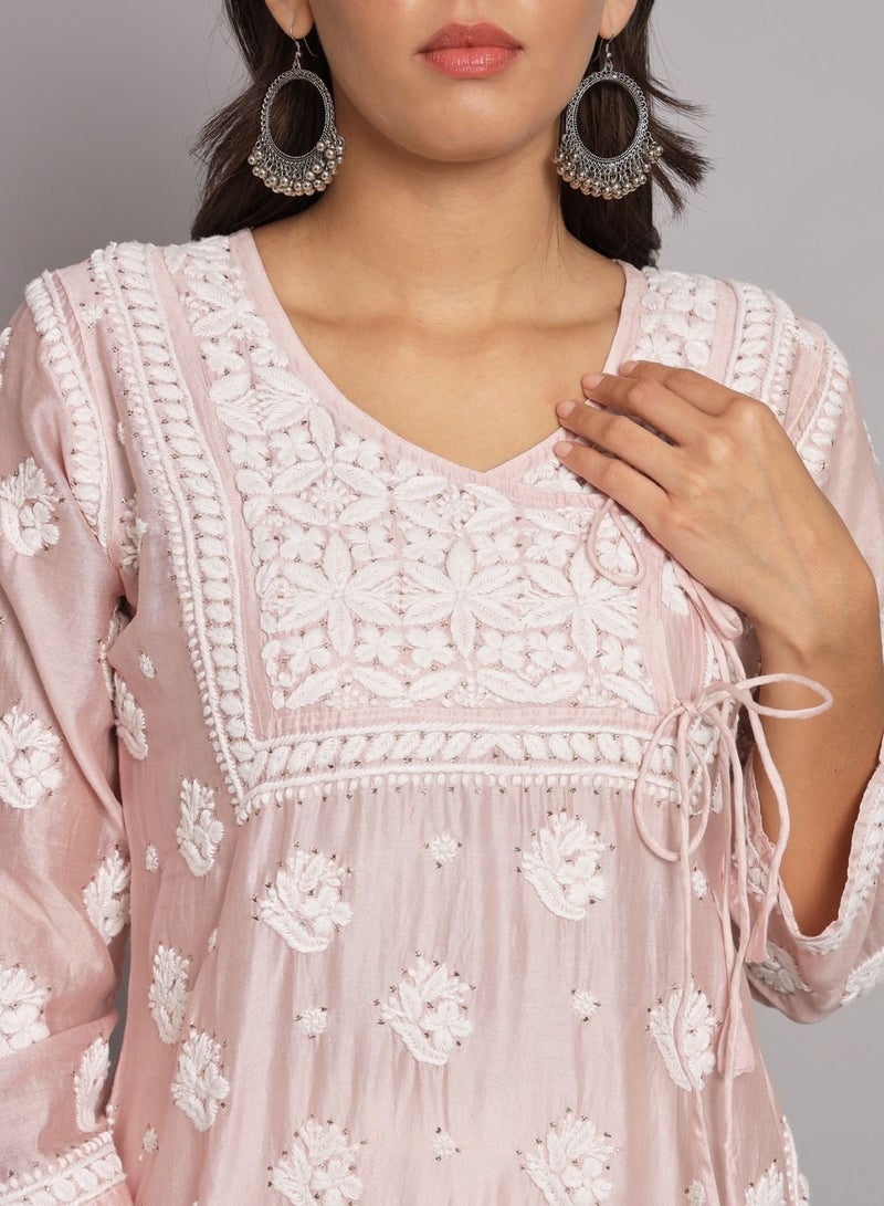 Hand Embroidered Chikankari Chanderi Angarkha Kurta With Mukaish Work-AL3672