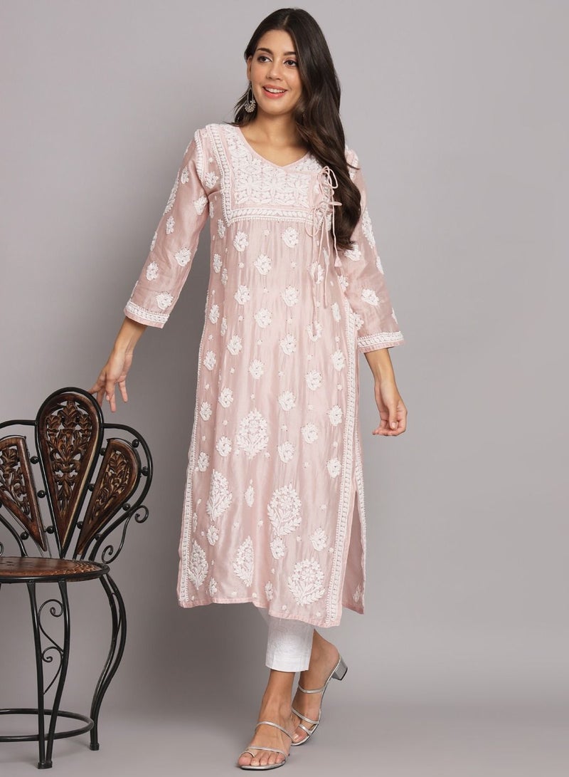 Hand Embroidered Chikankari Chanderi Angarkha Kurta With Mukaish Work-AL3672