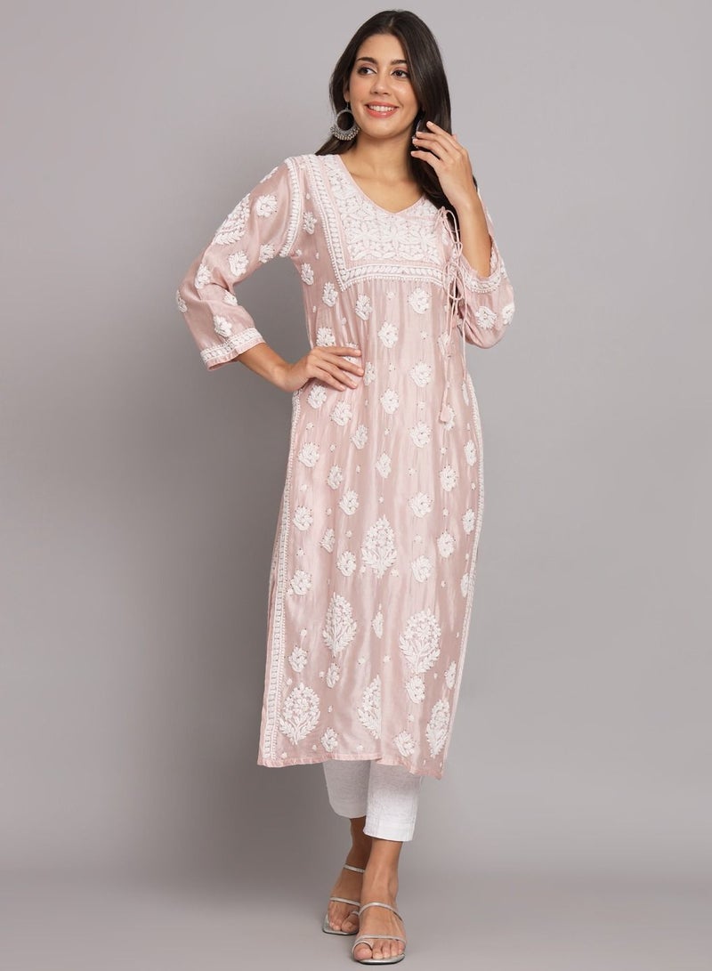 Hand Embroidered Chikankari Chanderi Angarkha Kurta With Mukaish Work-AL3672