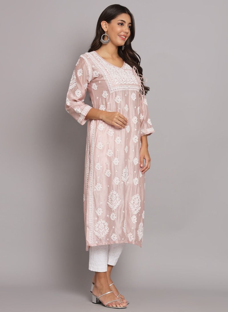 Hand Embroidered Chikankari Chanderi Angarkha Kurta With Mukaish Work-AL3672