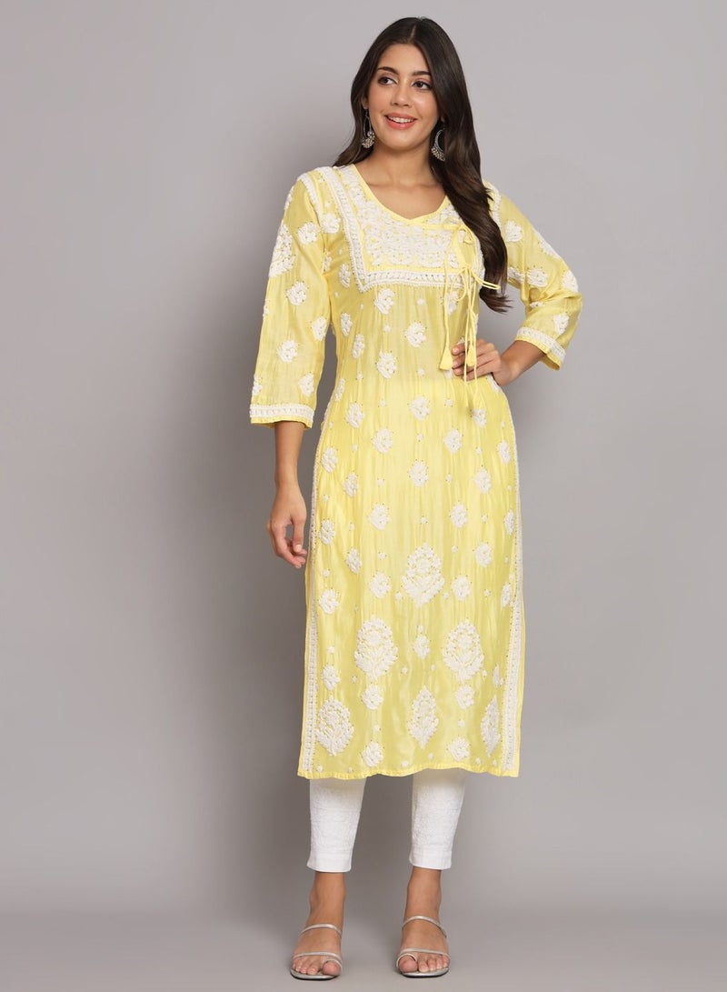 Hand Embroidered Chikankari Chanderi Angarkha Kurta With Mukaish Work-AL3672