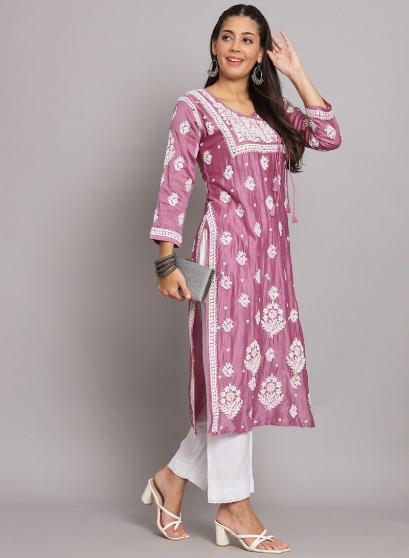 Hand Embroidered Chikankari Chanderi Angarkha Kurta With Mukaish Work-AL3672