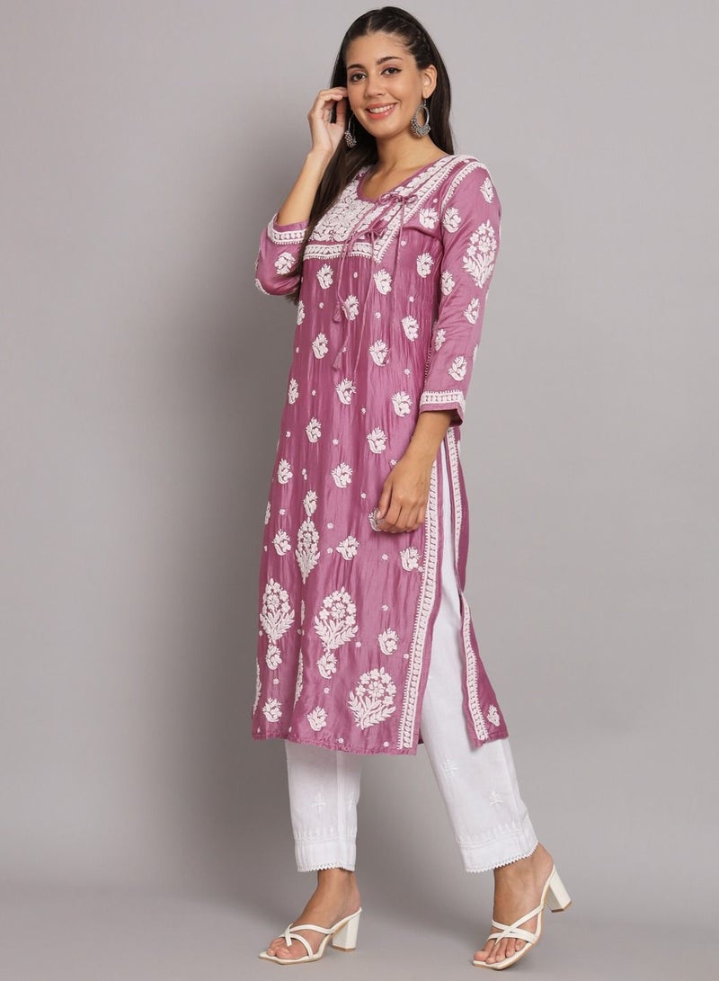 Hand Embroidered Chikankari Chanderi Angarkha Kurta With Mukaish Work-AL3672