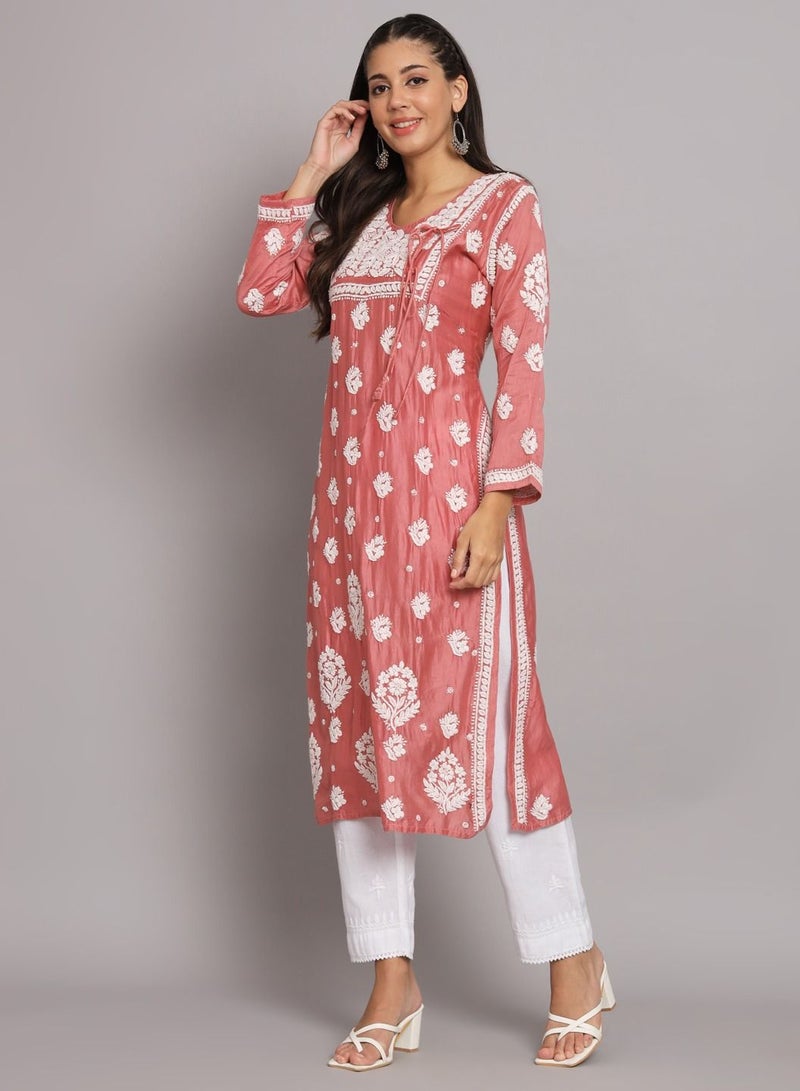 Hand Embroidered Chikankari Chanderi Angarkha Kurta With Mukaish Work-AL3672