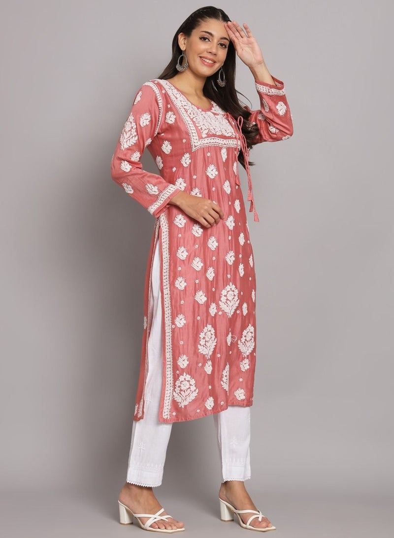 Hand Embroidered Chikankari Chanderi Angarkha Kurta With Mukaish Work-AL3672