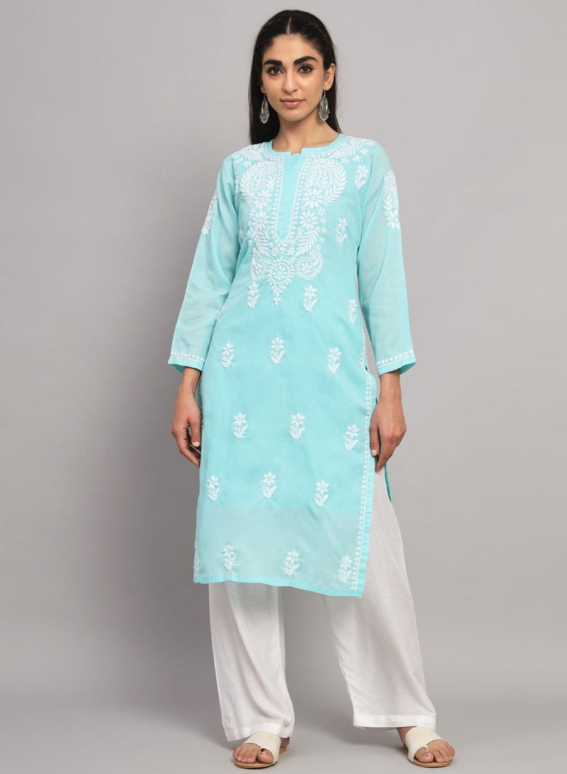 Hand Embroidered Chikankari Cotton Straight Kurta-AL3561