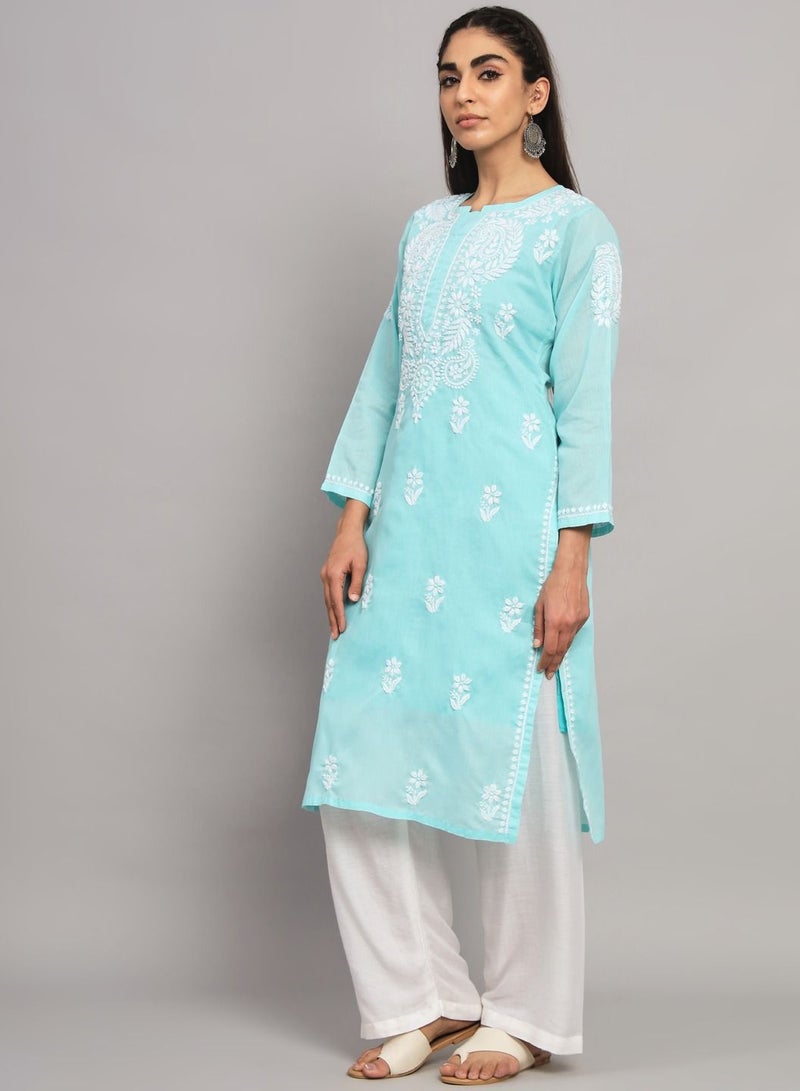 Hand Embroidered Chikankari Cotton Straight Kurta-AL3561