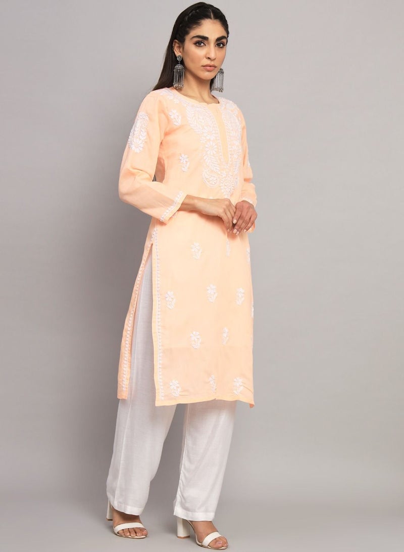 Hand Embroidered Chikankari Cotton Straight Kurta-AL3561