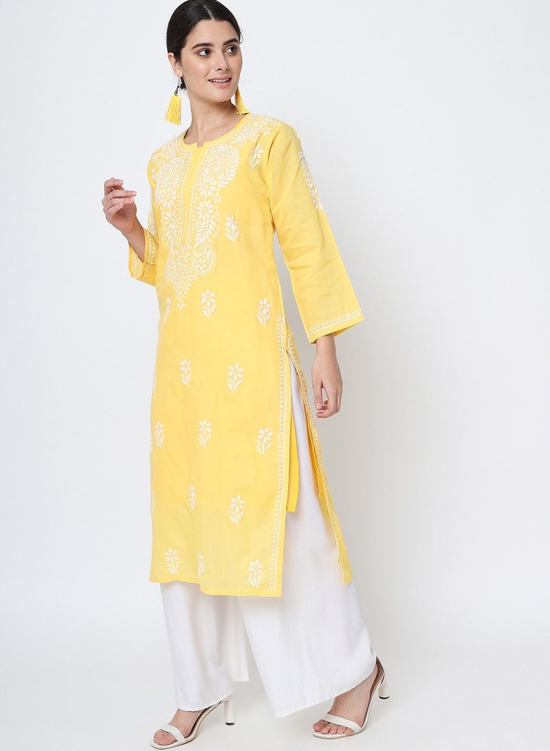 Hand Embroidered Chikankari Cotton Straight Kurta-AL3561