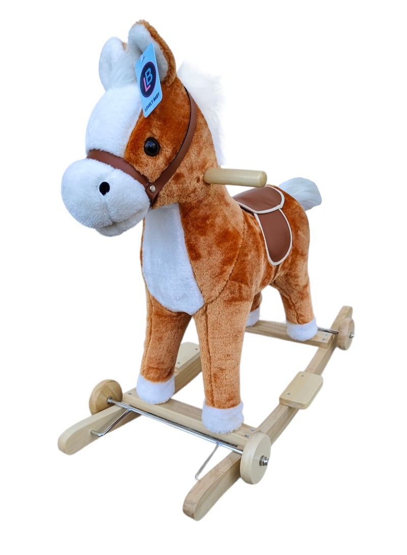 Lovely Baby Kids Rideon Rocking Horse with Wooden Wheels LB 501W Wooden Base Soft Material - Coffee