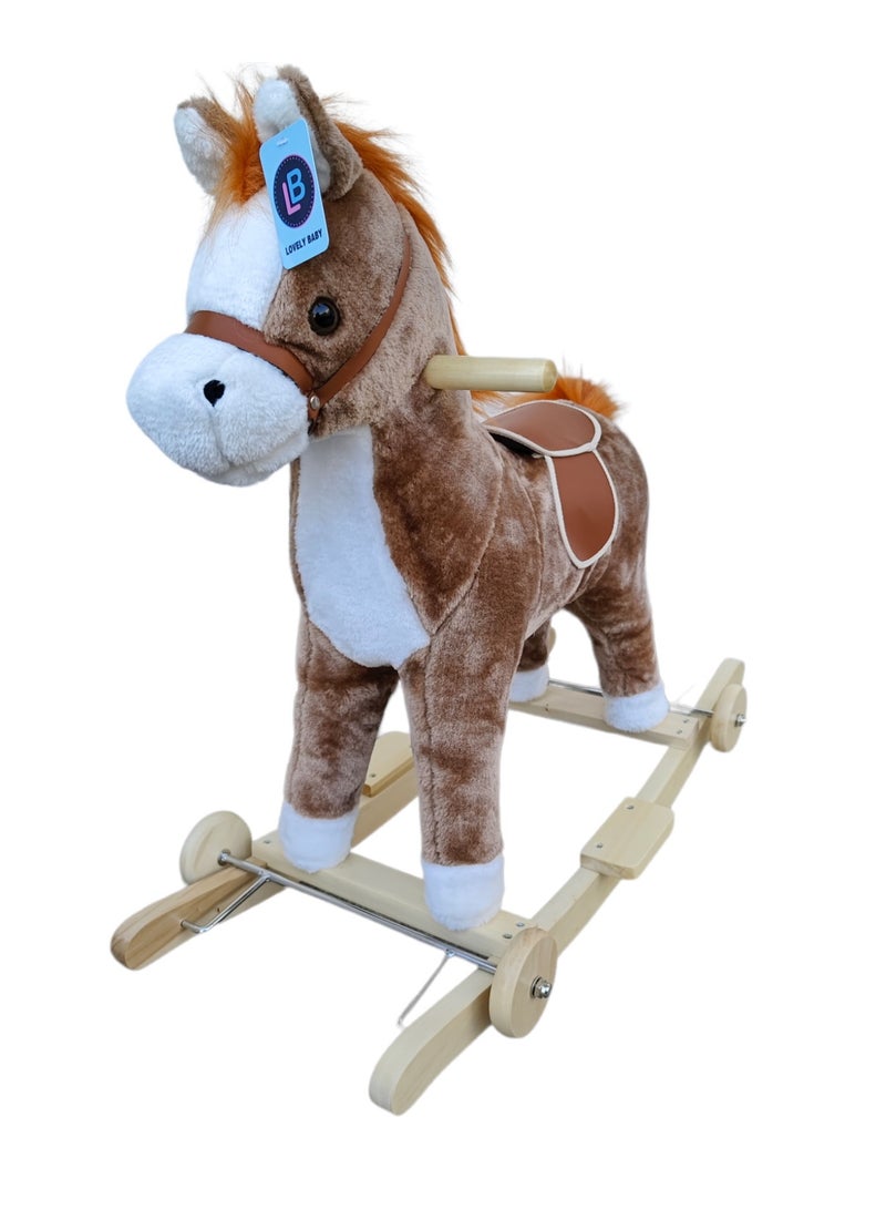 Lovely Baby Kids Rideon Rocking Horse with Wooden Wheels LB 501W Wooden Base Soft Material - Brown