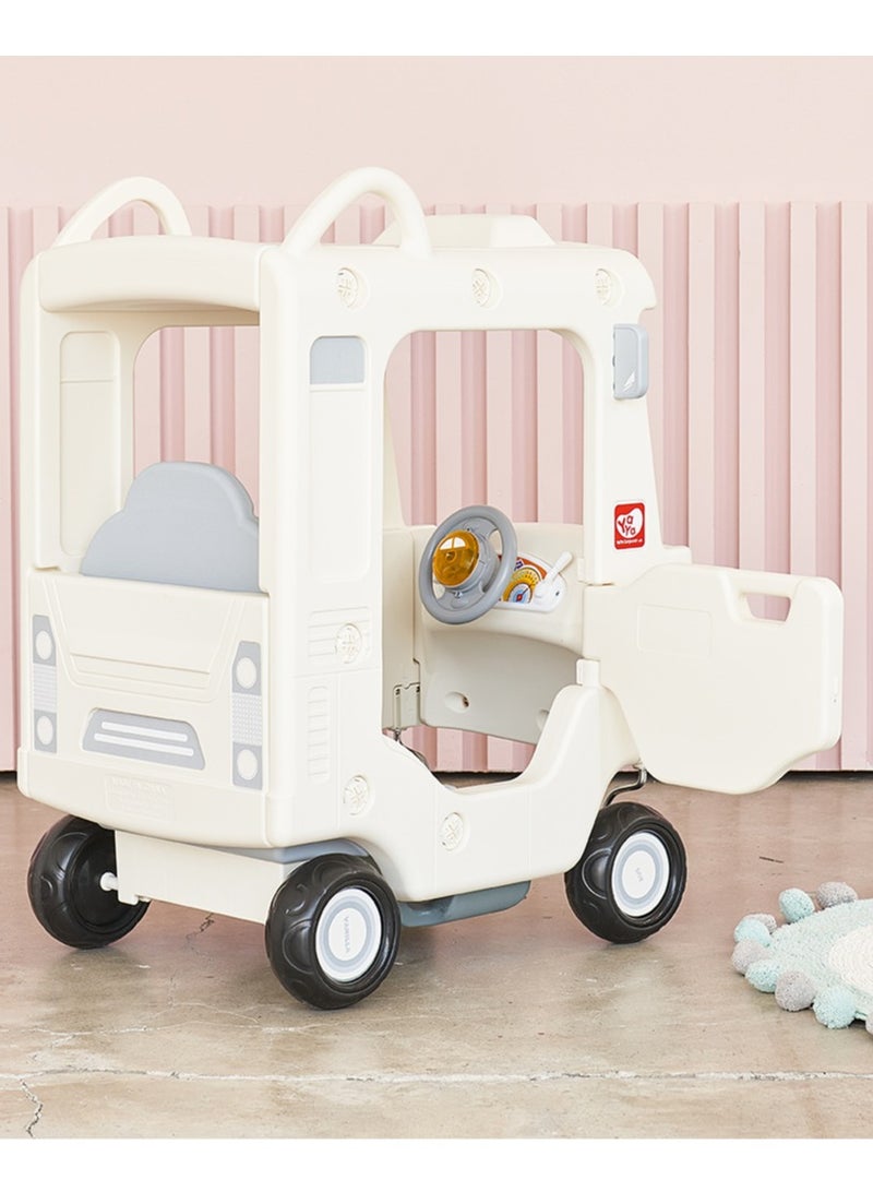 YaYa Ride-on Bus Roof Car Y032 for Kids, Push Car w/ Light, Music, Rotating Wheels, Drive & Sliding Footrest 1-3 Yrs - White