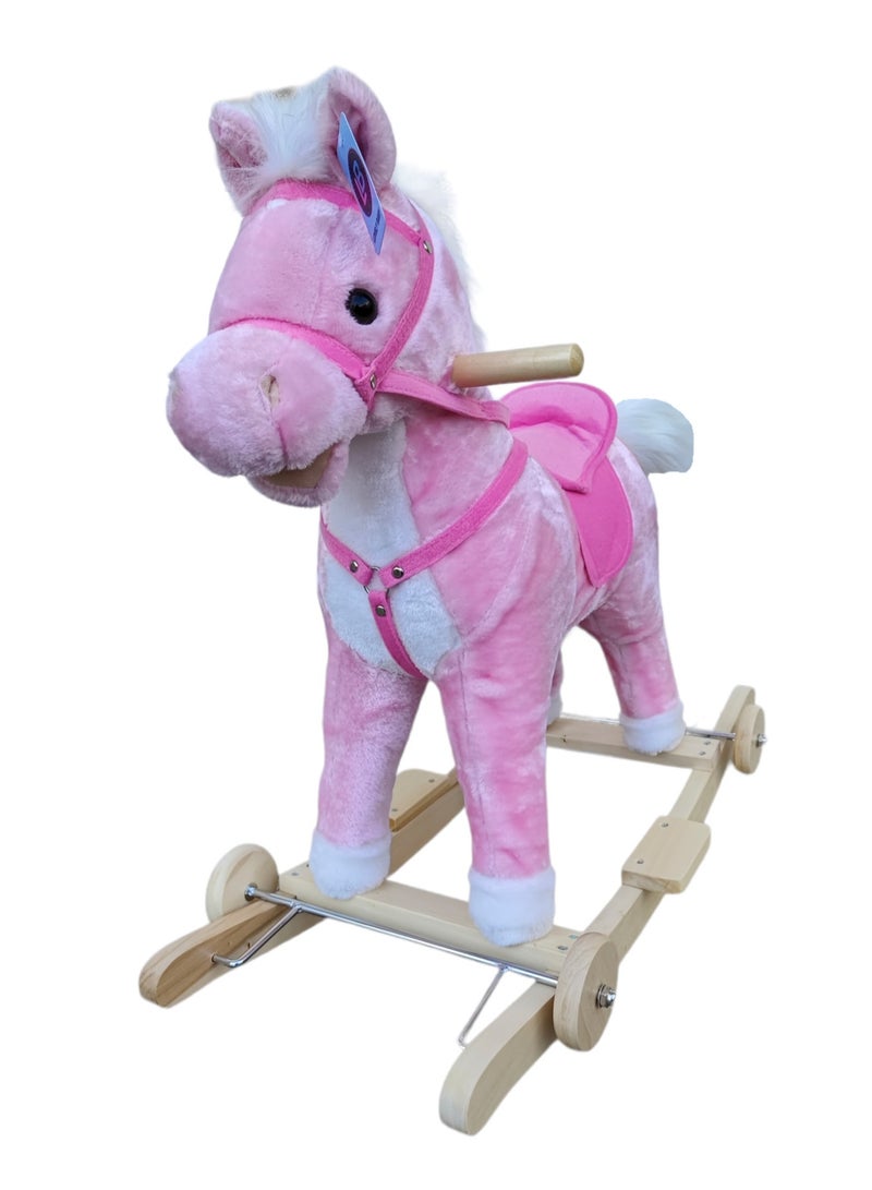 Lovely Baby Kids Rideon Rocking Horse with Wooden Wheels LB 501W Wooden Base Soft Material - Pink