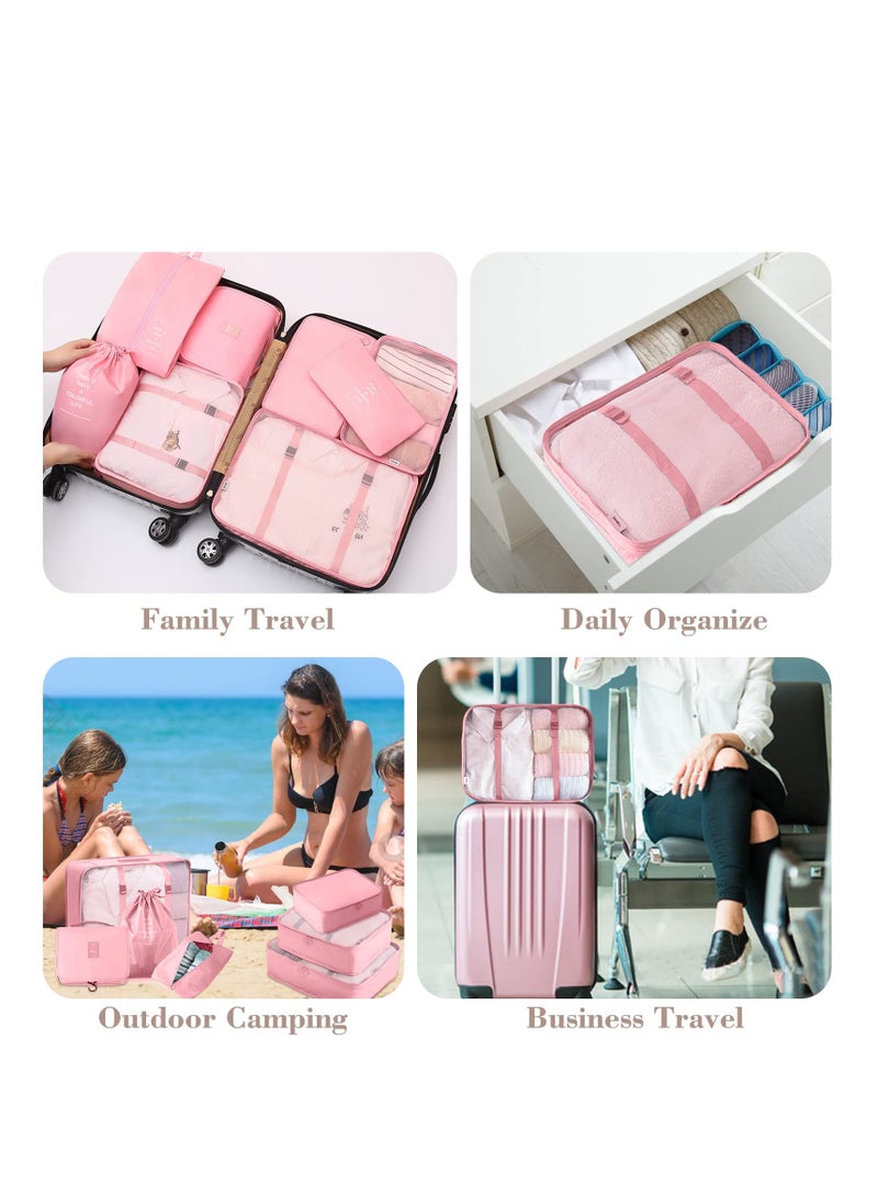 8-Piece Travel Packing Cubes Set with Toiletry and Shoe Bags, Made from Durable Waterproof Fabric for Organized Travel Accessories (Pink)