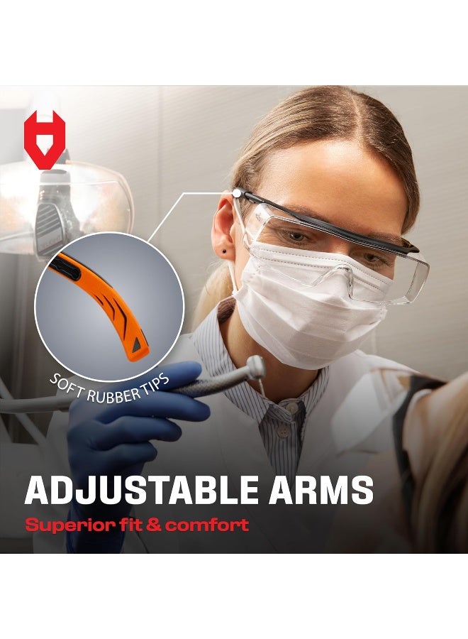Over-Glasses Safety Glasses - With Clear Anti-Scratch Wraparound Lenses, Adjustable Arms, Side Shields, Uv400 Protection, Ansi Z87 And Osha Certified, Black And Orange Frames