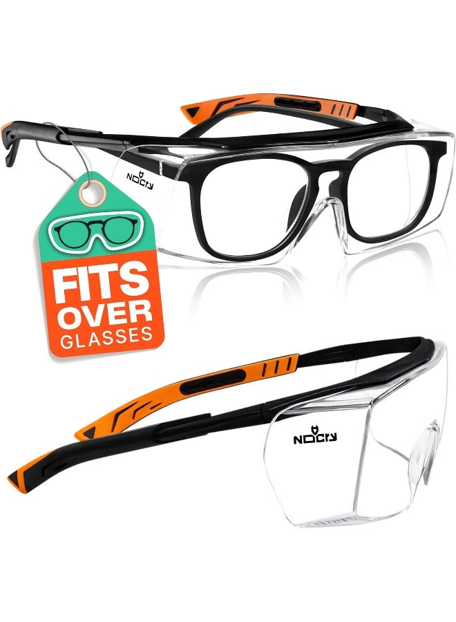 Over-Glasses Safety Glasses - With Clear Anti-Scratch Wraparound Lenses, Adjustable Arms, Side Shields, Uv400 Protection, Ansi Z87 And Osha Certified, Black And Orange Frames