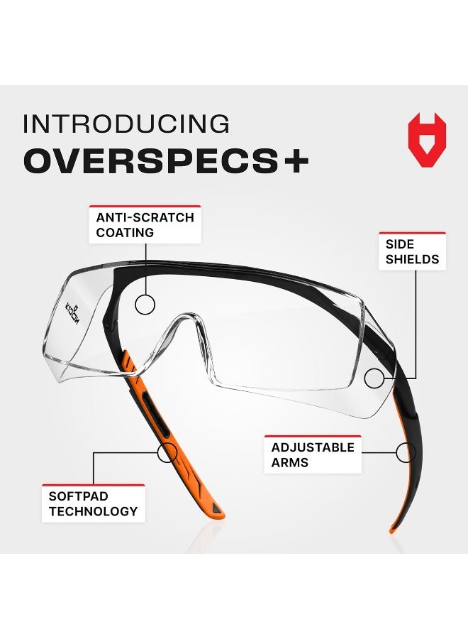 Over-Glasses Safety Glasses - With Clear Anti-Scratch Wraparound Lenses, Adjustable Arms, Side Shields, Uv400 Protection, Ansi Z87 And Osha Certified, Black And Orange Frames