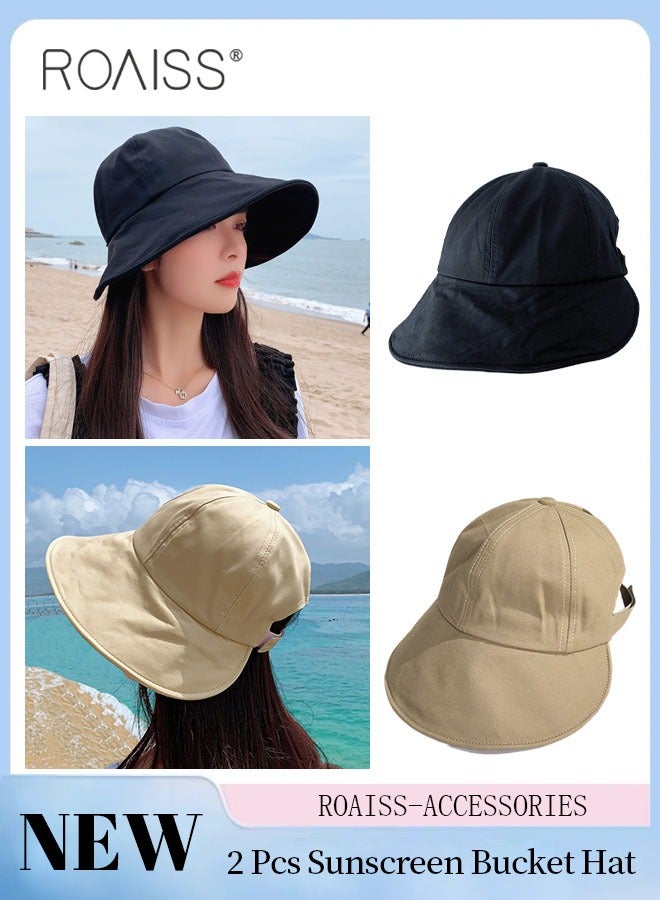 2 Pcs Sunscreen Bucket Hat for Women Wide Brim UV Protection Sun Hat Spring Summer Casual Travel Adjustable Packable Baseball Cap Ponytail Comfort Black and Khaki