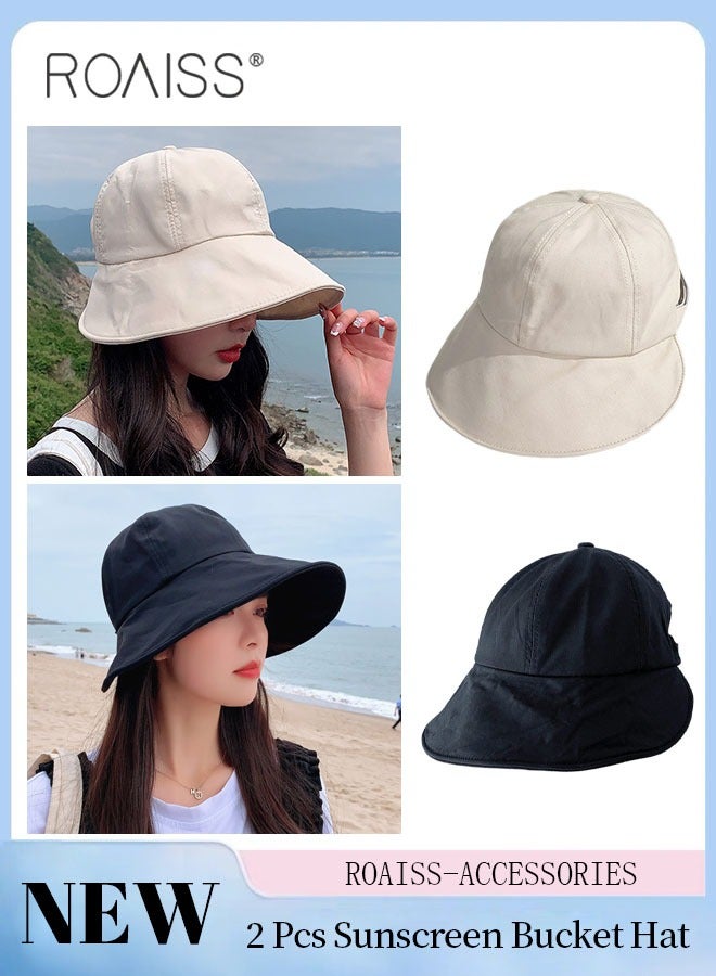 2 Pcs Sunscreen Bucket Hat for Women Wide Brim UV Protection Sun Hat Spring Summer Casual Travel Adjustable Packable Baseball Cap Ponytail Comfort Beige and Black