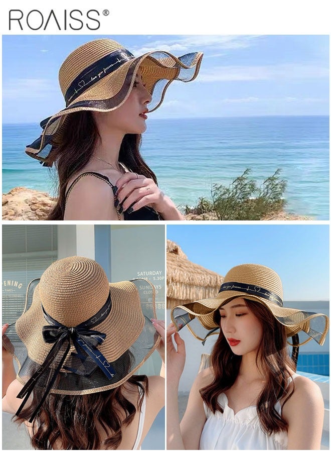 Bohemian Wide Wave Brim Sun Hat Foldable Sun Visor Bowknot Summer Beach Straw Hat for Women Khaki