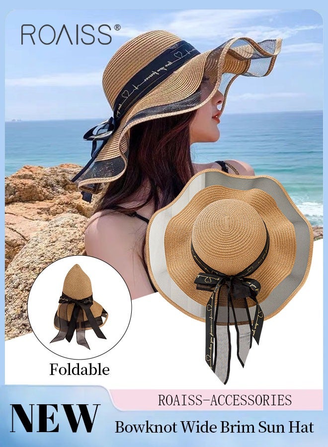 Bohemian Wide Wave Brim Sun Hat Foldable Sun Visor Bowknot Summer Beach Straw Hat for Women Khaki