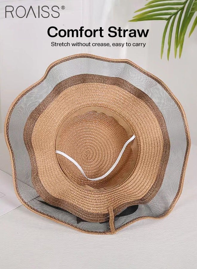 Bohemian Wide Wave Brim Sun Hat Foldable Sun Visor Bowknot Summer Beach Straw Hat for Women Khaki