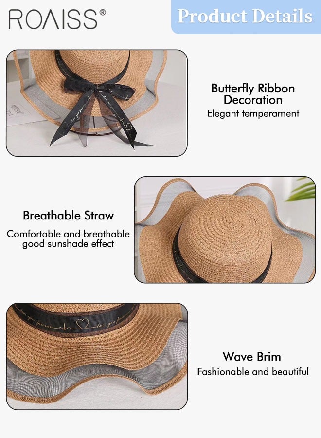 Bohemian Wide Wave Brim Sun Hat Foldable Sun Visor Bowknot Summer Beach Straw Hat for Women Khaki