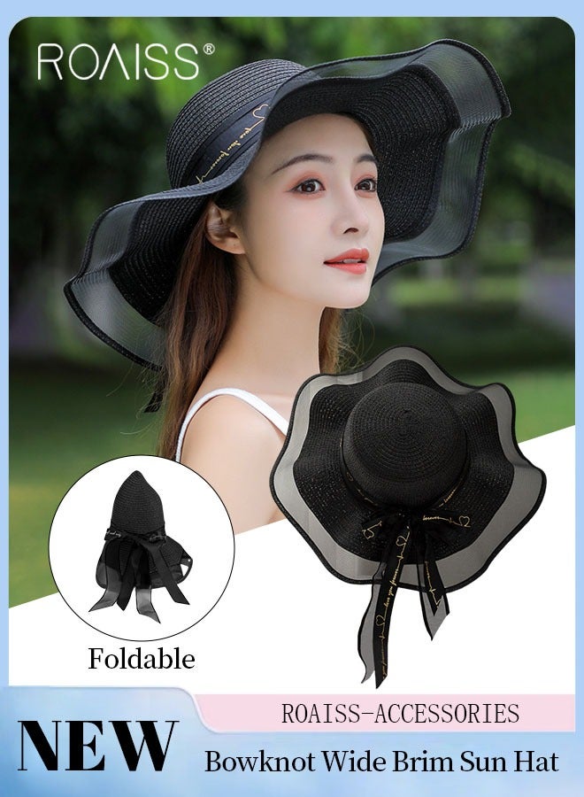 Bohemian Wide Wave Brim Sun Hat Foldable Sun Visor Bowknot Summer Beach Straw Hat for Women Black