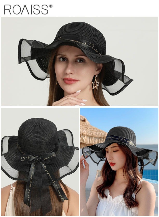 Bohemian Wide Wave Brim Sun Hat Foldable Sun Visor Bowknot Summer Beach Straw Hat for Women Black