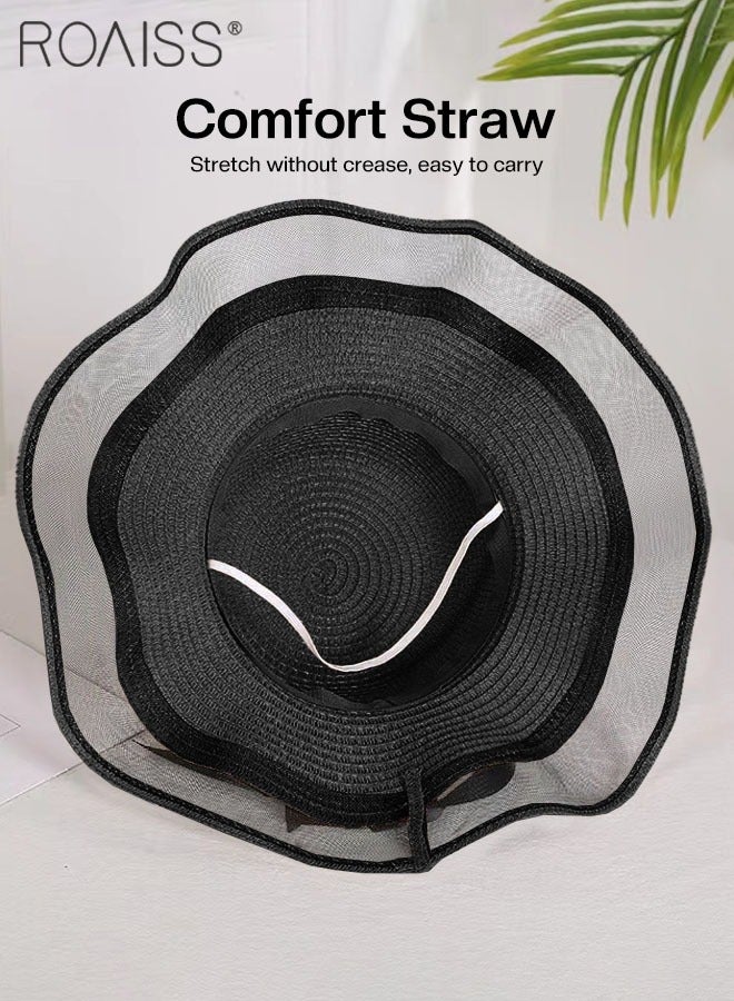 Bohemian Wide Wave Brim Sun Hat Foldable Sun Visor Bowknot Summer Beach Straw Hat for Women Black