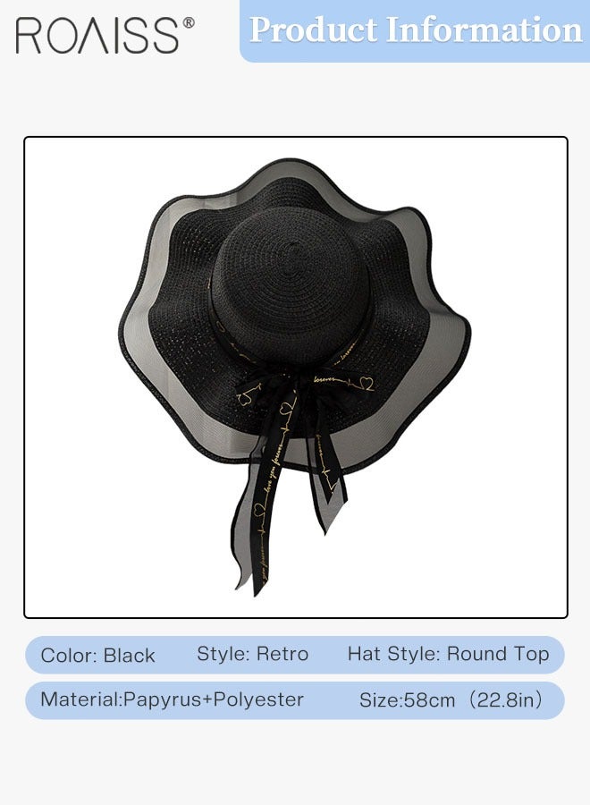 Bohemian Wide Wave Brim Sun Hat Foldable Sun Visor Bowknot Summer Beach Straw Hat for Women Black