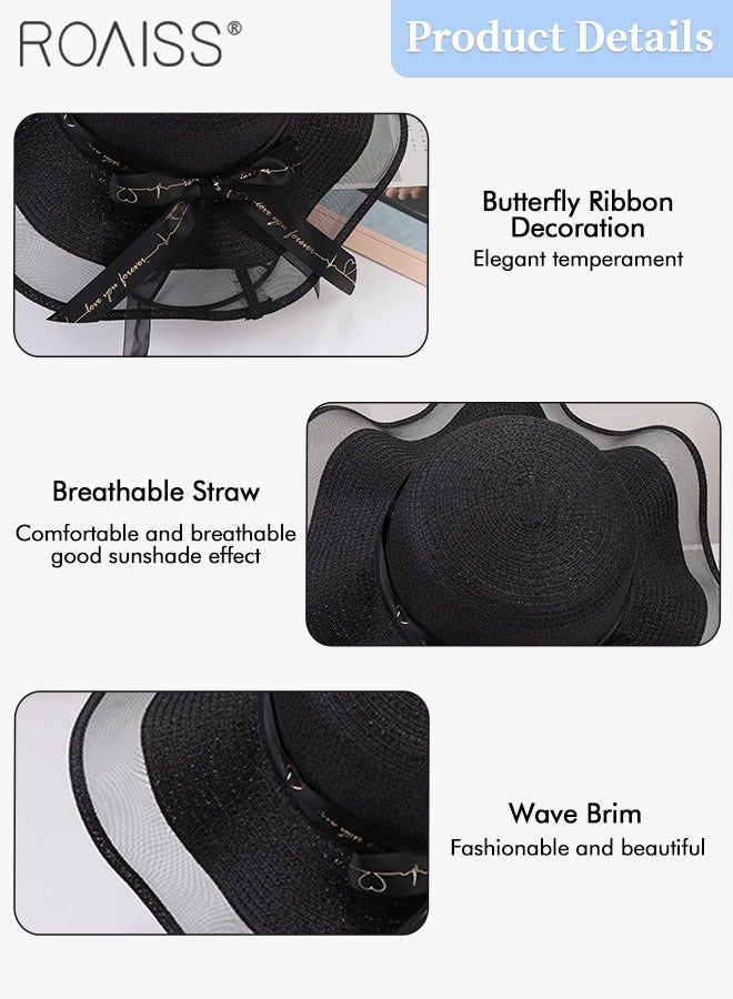 Bohemian Wide Wave Brim Sun Hat Foldable Sun Visor Bowknot Summer Beach Straw Hat for Women Black