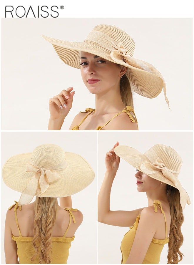 2 Pcs Straw Hat and Cotton Woven Bag Set Boho Style Bow Decor Straw Sun Hat Summer Floppy Beach Wide Brim Cap and Crossbody Vacation Beach Bag for Women