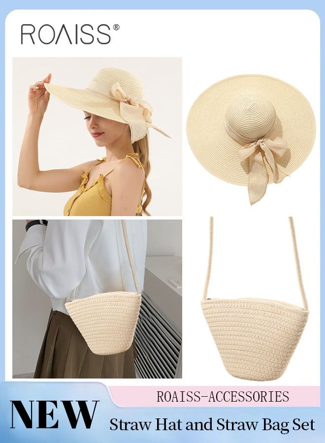 2 Pcs Straw Hat and Cotton Woven Bag Set Boho Style Bow Decor Straw Sun Hat Summer Floppy Beach Wide Brim Cap and Crossbody Vacation Beach Bag for Women