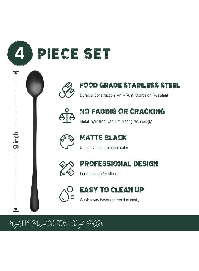 Hiware Matte Black 9-Inch Long Handle Iced Tea Spoon, Coffee Spoon, Ice Cream Spoon, Stainless Steel Cocktail Stirring Spoons, Set of 4