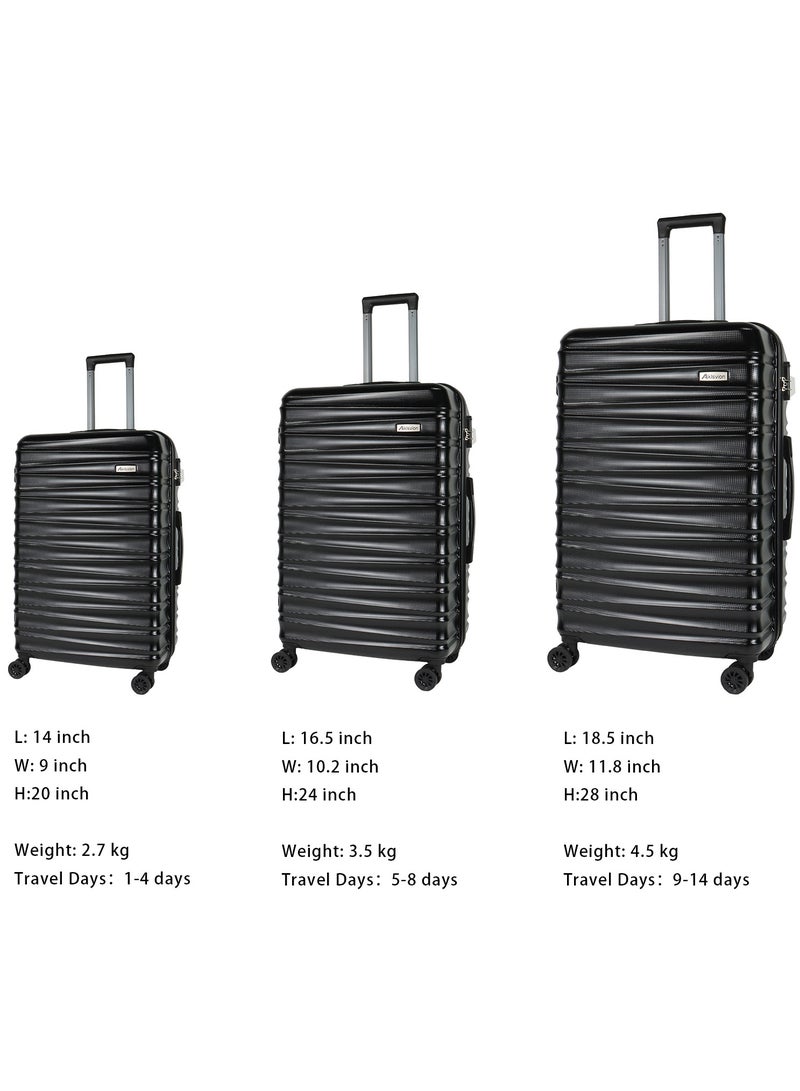 Aklsvion 3 Piece ABS Hardside Spinner Luggage Hard Suitcase Trolley Set 20/24/28 Inch Spinner Wheels with Number Lock Luggage Collection Set of 3 Travel Luggage Bag Black