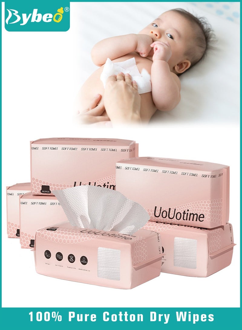 5 Packs Baby Cotton Tissue, Soft Baby Dry Wipe, Wet and Dry Use, Infant Cotton Towel, Made of Pure Cotton, 400 Count Unscented Disposable Facial Cotton Tissues for Baby Sensitive Skin