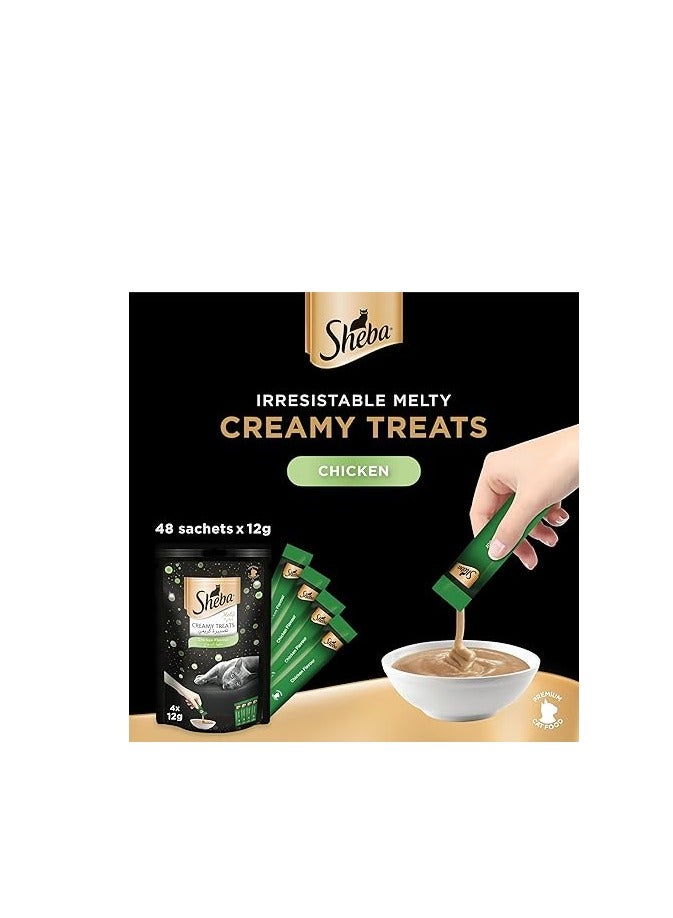 Sheba Cat-Food, Melty Chicken Flavor Creamy Treats Premium Luxurious Indulgence, Fed by Hand for Special Moments so Your Cat Can Find Relish with this Treat, Pack of 48x12g