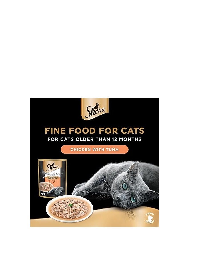 Sheba Premium Loaf Chicken with Tuna Cat Food, Essential Vitamins and Minerals, this Sheba Wet Food is Made with Loaf Formula for Easier Chewing Even for Sensitive Cats, Pack of 12x70g