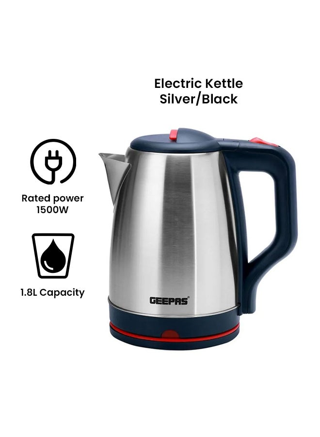 1.8L Electric Kettle - Stainless Steel Body| Auto Shut-Off & Boil-Dry Protection | Heats up Quickly & Easily, Fashionable Design| Boil for Water, Tea & Coffee Maker 1.8 L 1500 W GK38042 Silver/Black