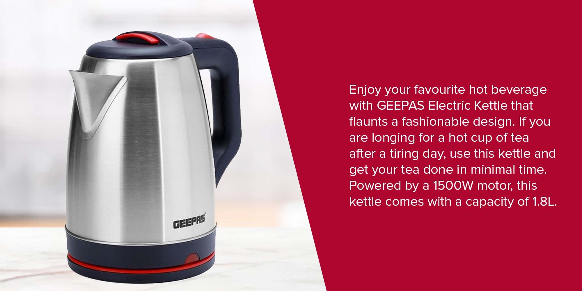 1.8L Electric Kettle - Stainless Steel Body| Auto Shut-Off & Boil-Dry Protection | Heats up Quickly & Easily, Fashionable Design| Boil for Water, Tea & Coffee Maker 1.8 L 1500 W GK38042 Silver/Black