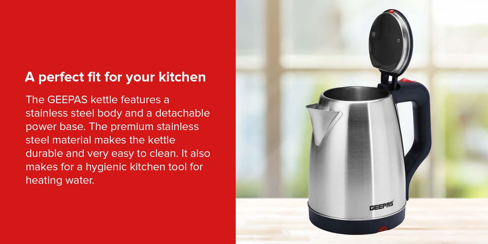 1.8L Electric Kettle - Stainless Steel Body| Auto Shut-Off & Boil-Dry Protection | Heats up Quickly & Easily, Fashionable Design| Boil for Water, Tea & Coffee Maker 1.8 L 1500 W GK38042 Silver/Black