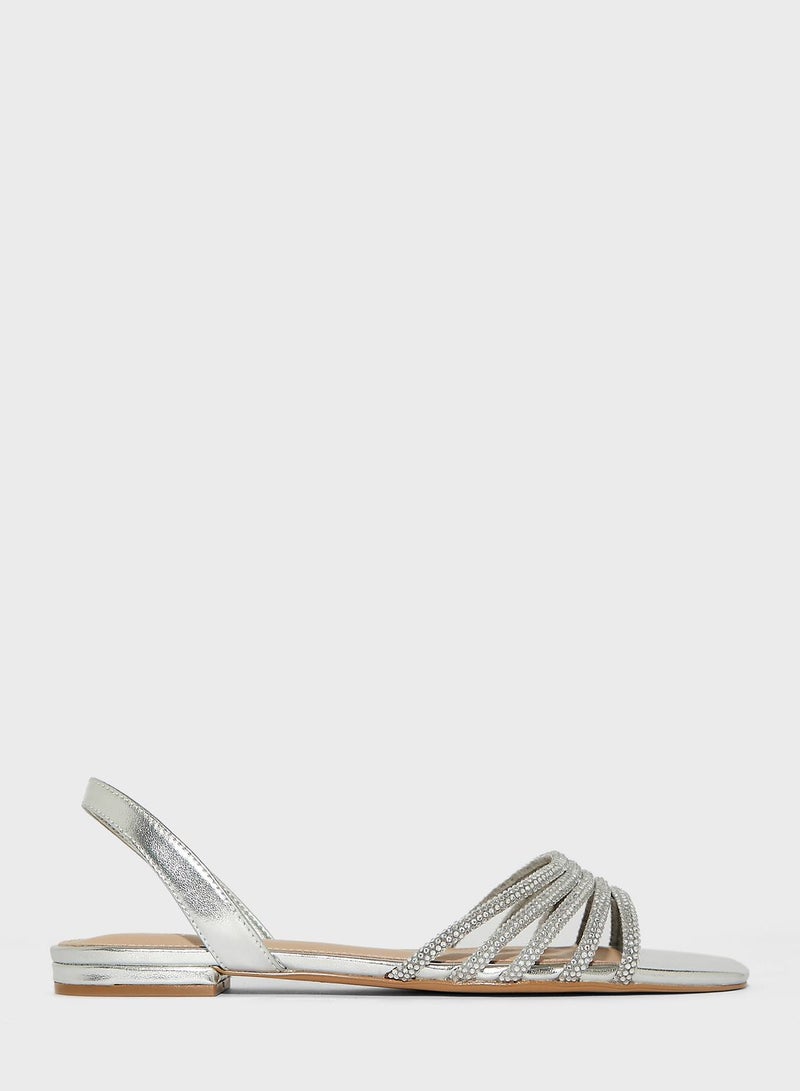 Casual Slingback Detail Flat Sandals Silver