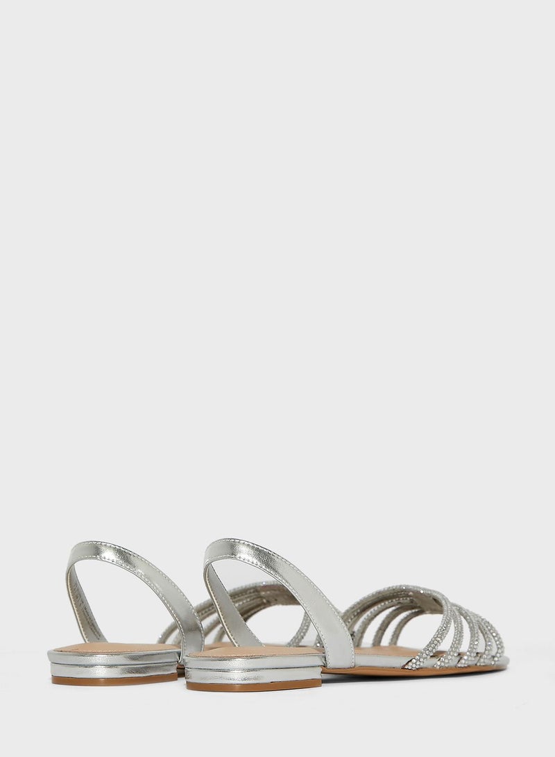 Casual Slingback Detail Flat Sandals Silver