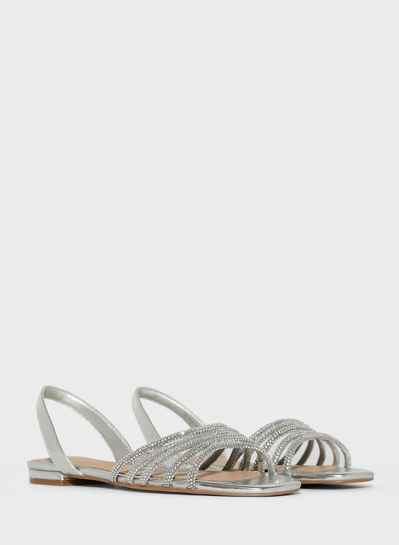 Casual Slingback Detail Flat Sandals Silver